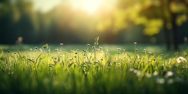 O pôr-do-sol no prado com dente-de-leão e grama verde