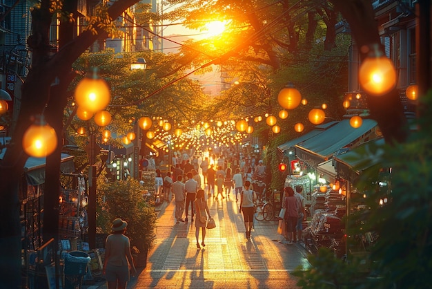 Foto o pôr-do-sol num movimentado mercado ao ar livre com vendedores e compradores