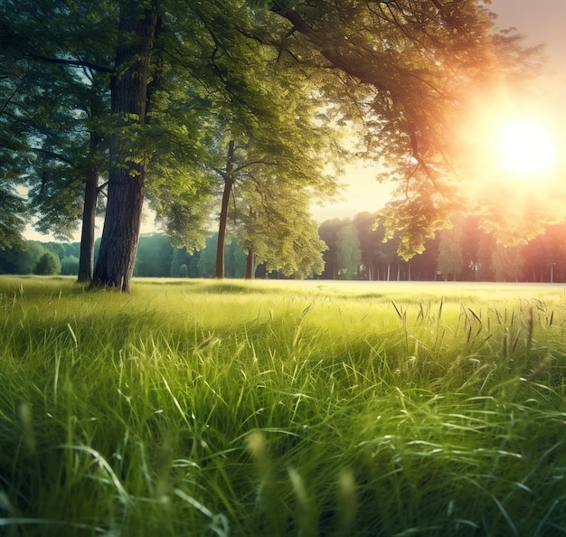 O pôr-do-sol num prado de verão com árvores e grama verde