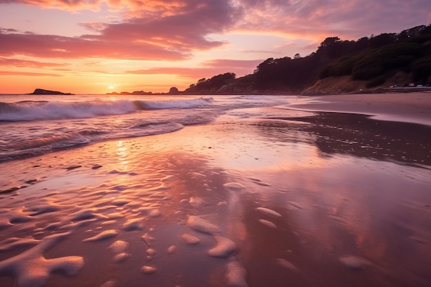 O pôr-do-sol numa praia com um pôr- do-sol ao fundo
