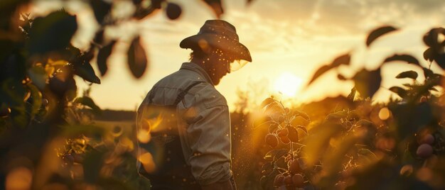 O pôr-do-sol pulverizando um dilema dos agricultores no pomar