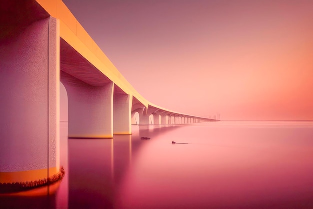 Foto o pôr-do-sol rosa sereno sobre a ponte longa