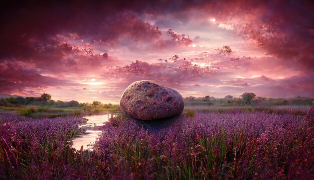 O pôr do sol roxo sobre o campo e a lagoa florescem o céu brilhante com nuvens coloridas