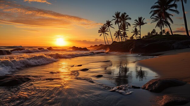 O pôr-do-sol sereno na praia, a hora dourada iluminando as ondas suaves, rolando suavemente sobre a costa, as palmeiras em silhueta.