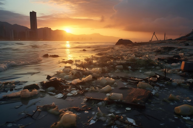 O pôr-do-sol sobre a costa poluída revela danos ambientais