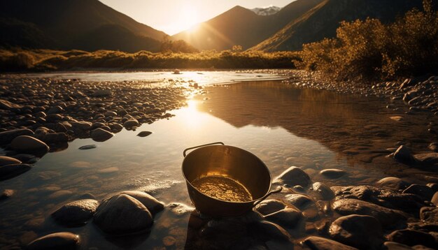 Foto o pôr do sol sobre a tranquila paisagem montanhosa reflete na água gerada pela ia