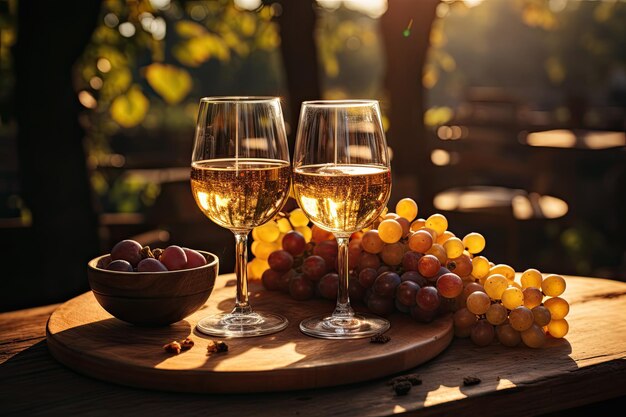 O pôr-do-sol sobre a vinha enquanto as uvas vermelhas estão maduras e uma garrafa de vinho com dois copos derramados e um lanche leve estão em uma caixa de madeira