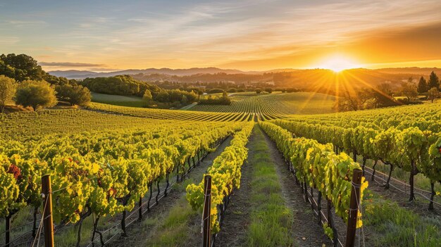 O pôr-do-sol sobre as linhas de vinhas exuberantes na região do vinho resplandecente
