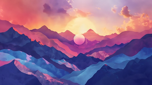 O pôr-do-sol sobre as majestosas montanhas