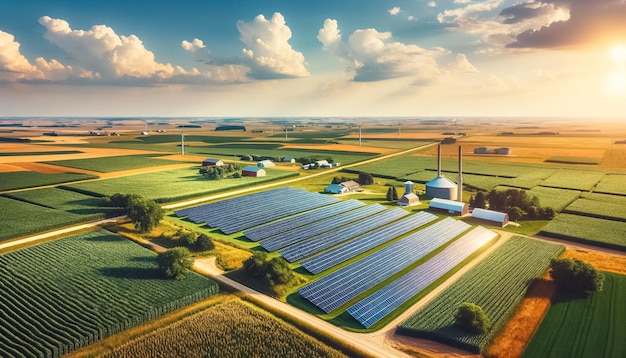 O pôr-do-sol sobre as terras agrícolas é uma fusão da agricultura e da energia solar.