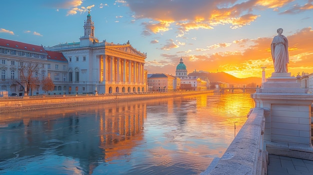 O pôr-do-sol sobre o edifício do Parlamento austríaco com a estátua de Atena