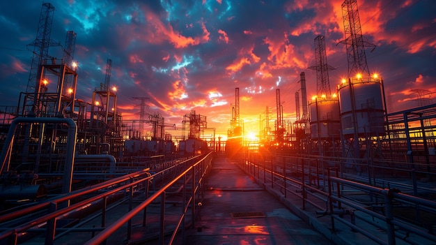 O pôr-do-sol sobre o horizonte da refinaria industrial de petróleo