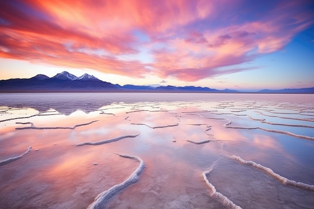 O pôr-do-sol sobre o Salar de Uyuni Salt Flats, na Bolívia, o Grande Lago Salgado, em Utah, uma incrível imagem de viagem gerada pela IA.