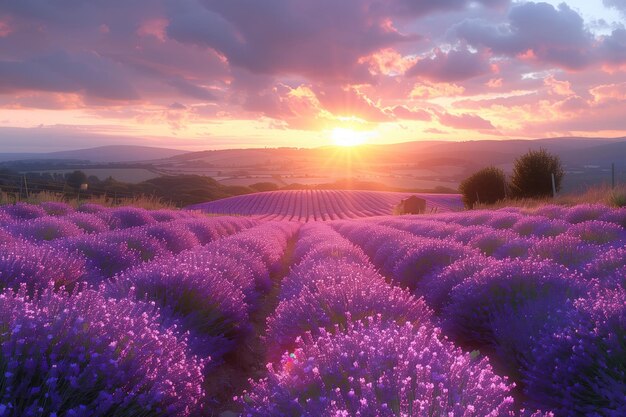 Foto o pôr-do-sol sobre os campos de lavanda