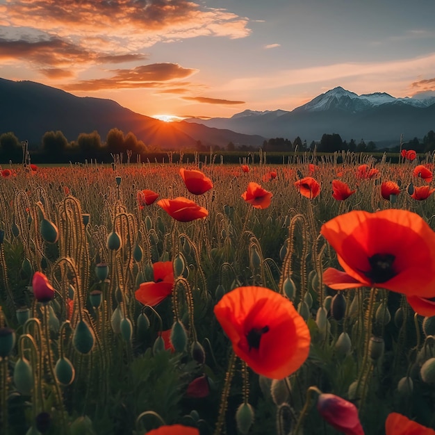 O pôr-do-sol sobre um campo de flores de papoulas vermelhas com os Alpes suíços na parte de trás