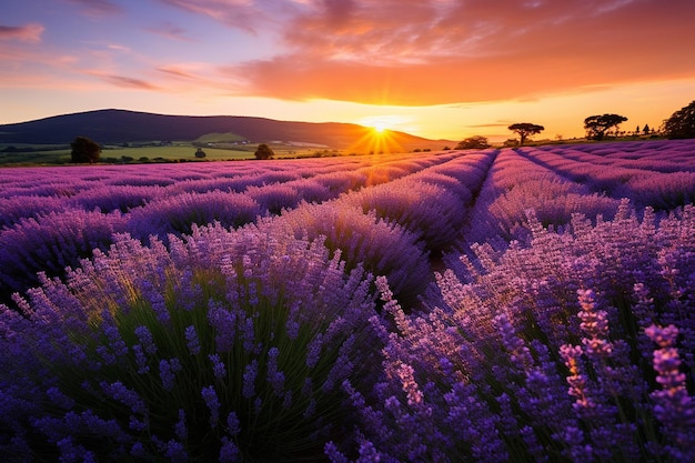 O pôr-do-sol sobre um campo de lavanda ou outras ervas aromáticas