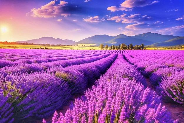 O pôr-do-sol sobre um campo de lavanda