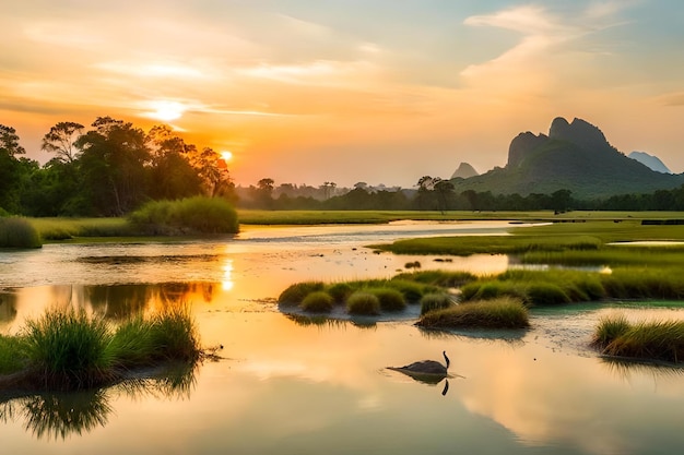 O pôr-do-sol sobre um lago com montanhas ao fundo