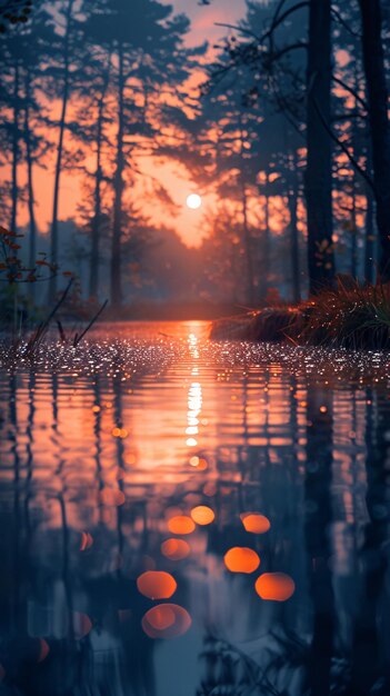 Foto o pôr-do-sol sobre um lago tranquilo, cercado por pinheiros em silhueta