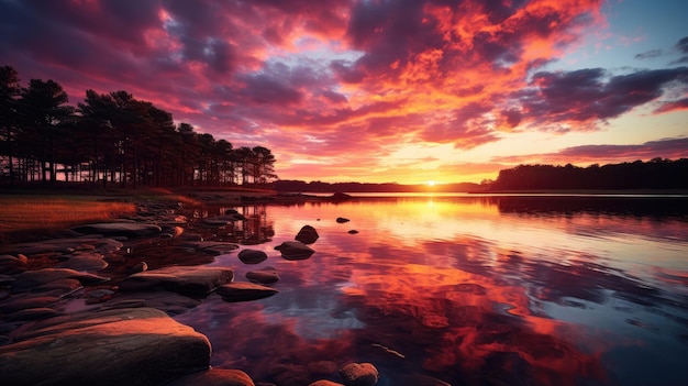 O pôr-do-sol sobre um lago