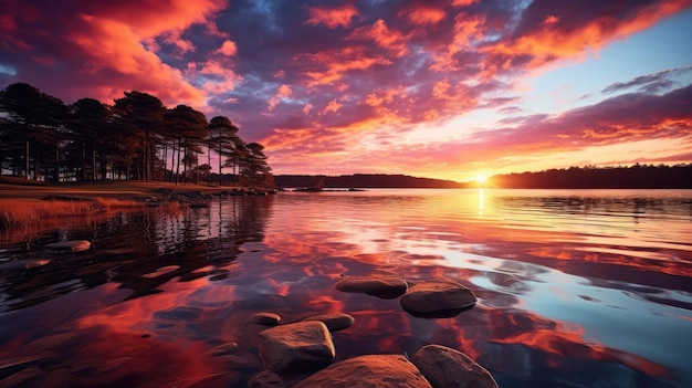 O pôr-do-sol sobre um lago
