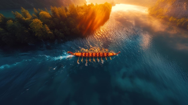 O pôr-do-sol sobre uma equipa de barcos-dragão a remar num lago sereno