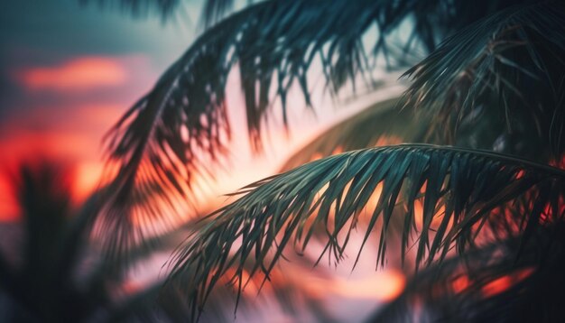 O pôr-do-sol tranquilo nas palmeiras da costa tropical em silhueta contra o céu laranja gerado pela inteligência artificial