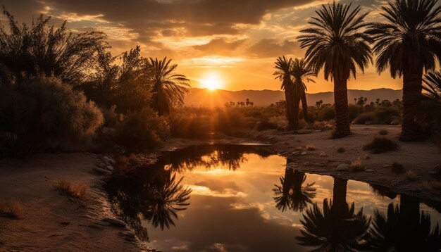 Foto o pôr-do-sol tranquilo sobre as palmeiras da costa tropical e o reflexo na água gerado pela inteligência artificial