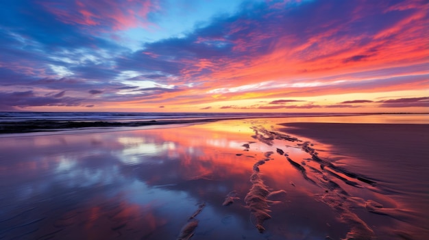 O pôr-do-sol vibrante refletindo-se na areia molhada na maré baixa