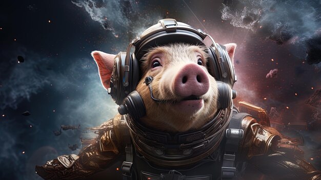 Foto o porco no fato espacial.