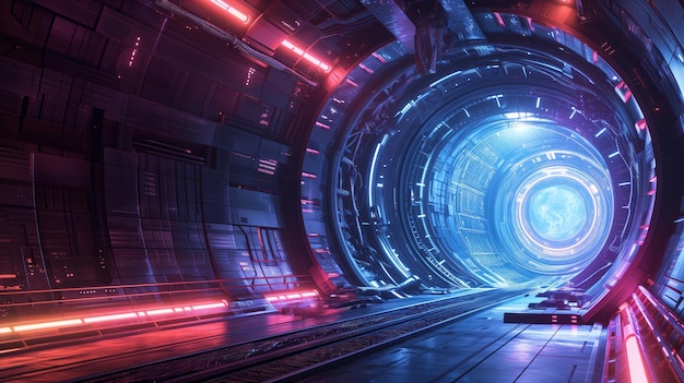 O portal de sci-fi abre-se para o espaço mostrando uma estrutura orbital futurista com luzes brilhantes e uma vista da Terra