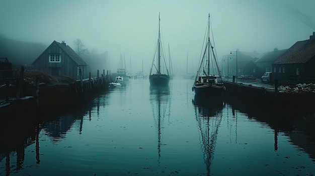 O porto nebuloso com os barcos ancorados na doca Papel de parede