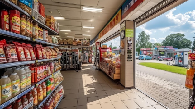 O posto de gasolina é brilhante e limpo e há muitas prateleiras de lanches e bebidas