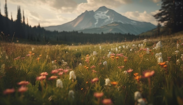 O prado da montanha floresce com a beleza de flores silvestres gerada por IA