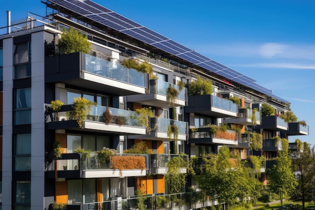 O prédio de apartamentos tem painéis solares no telhado.