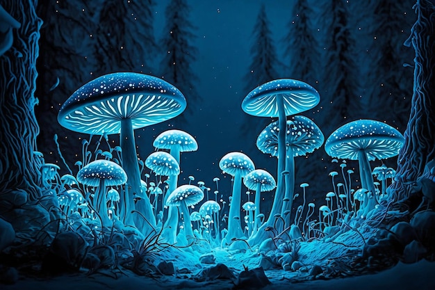 O preenchimento do país das maravilhas do inverno do cogumelo será um cogumelo brilhante bioluminescente coberto de neve na floresta Generative Ai