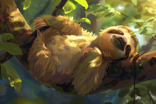 O preguiçoso adormecido pendurado no galho de uma árvore, um animal adorável e tolo adormecido, um mamífero.