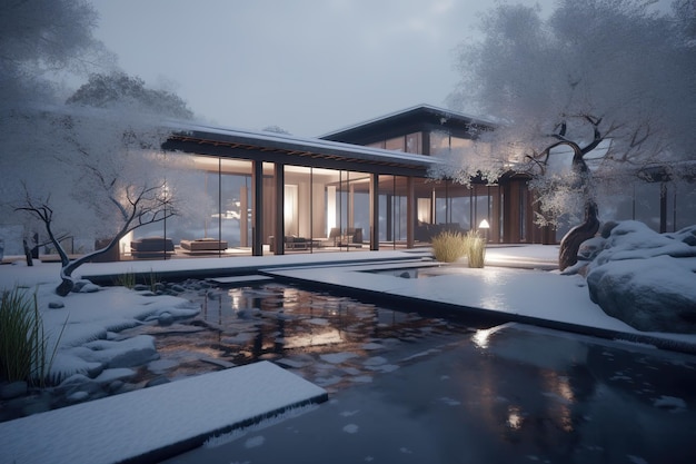 O primeiro plano é uma villa moderna na neve
