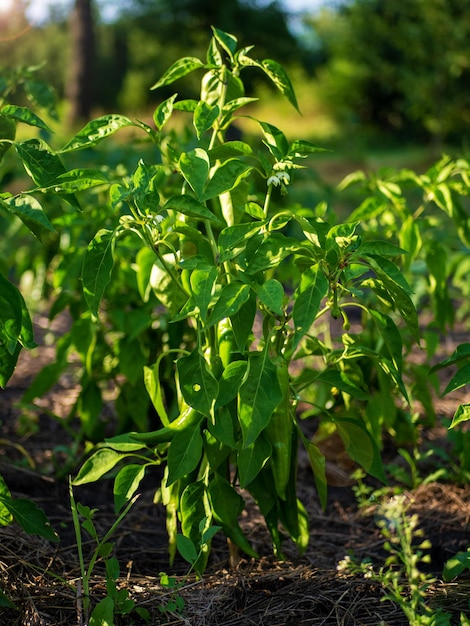 O processo de cultivo de pimenta Arbusto de pimenta em campo aberto Cultivo orgânico no jardim