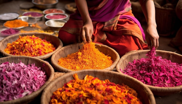o processo de fazer cores naturais de Holi a partir de flores e especiarias