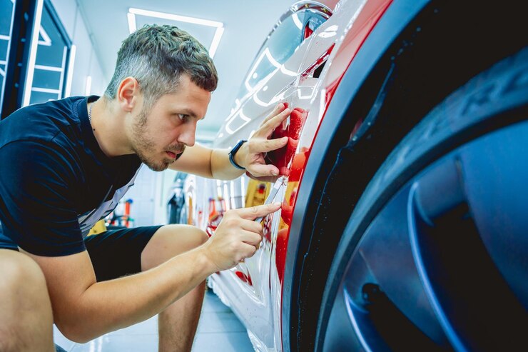 Foto o processo de instalação de película protetora no novo carro vermelho