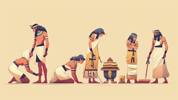 Foto o processo de mumificação é mostrado nesta ilustração moderna de desenho animado completa com embalsamamento, embrulho e colocação do corpo morto dentro de um sarcófago egípcio.