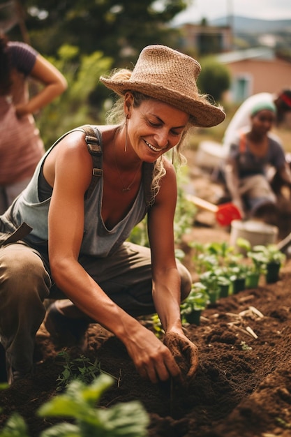 Foto o processo de plantação numa horta comunitária