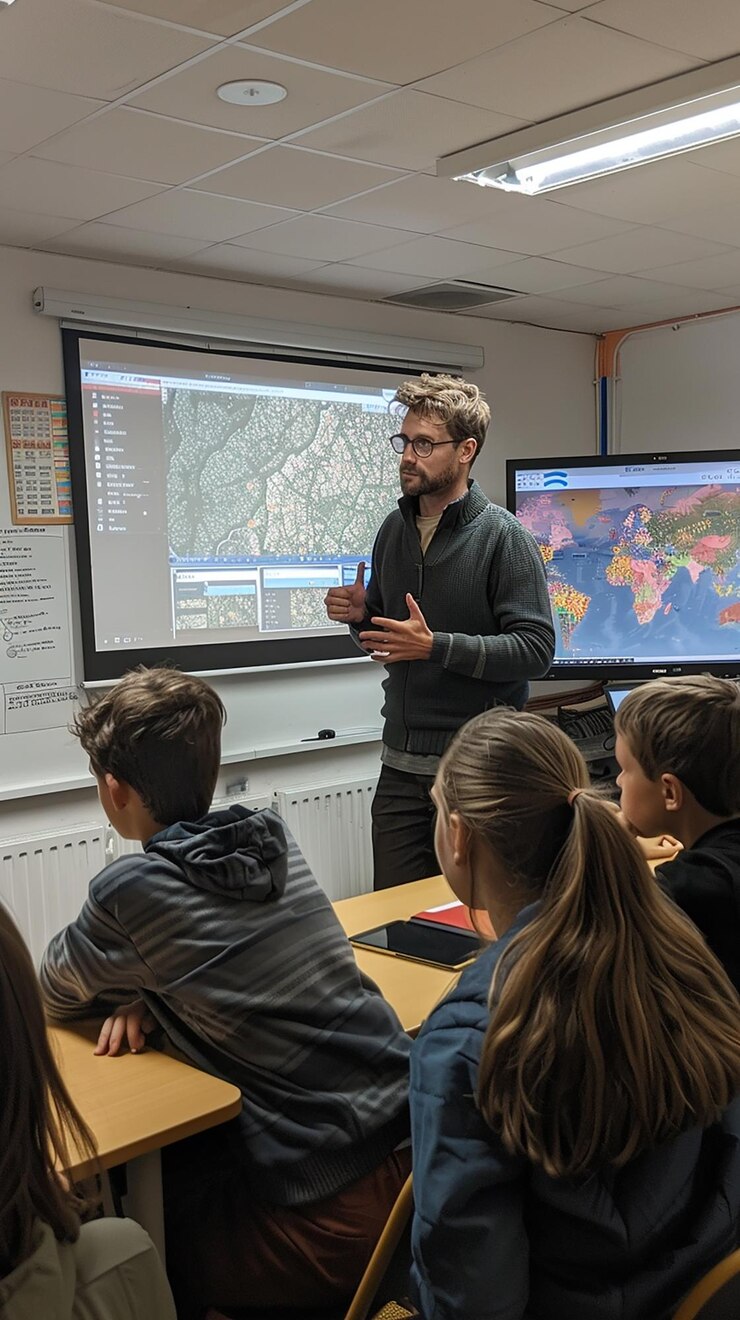 Foto o professor dá uma lição aos alunos na sala de aula