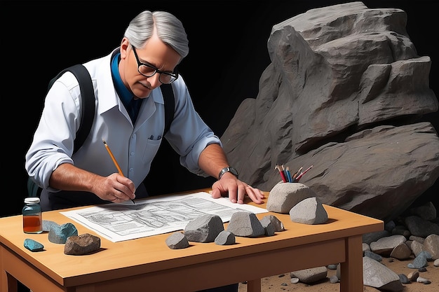 O professor de experiência de geologia conduz uma experiência com amostras de rocha