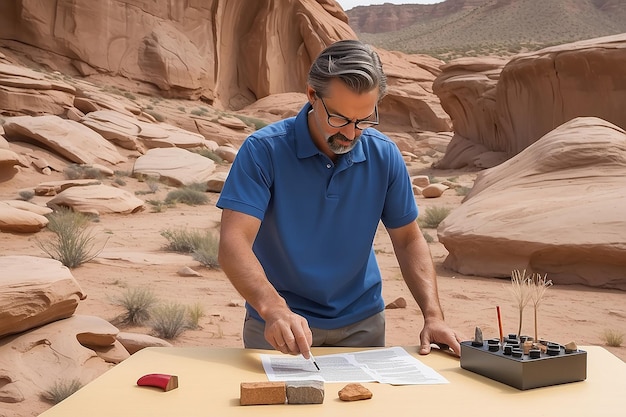 O professor de experiência de geologia conduz uma experiência com amostras de rocha