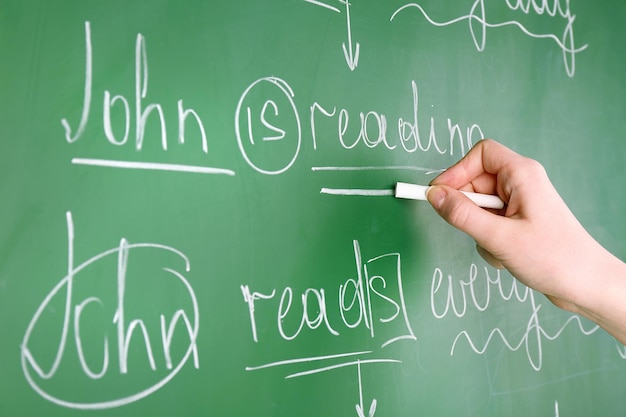 O professor escreve frases de gramática à mão no fundo do quadro.