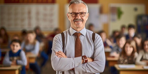 Foto o professor está de pé na sala de aula com os braços cruzados.