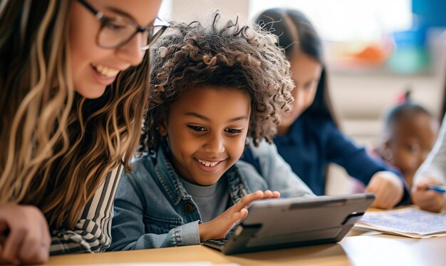 Foto o professor mostra a um aluno como usar um tablet digital em uma escola primária