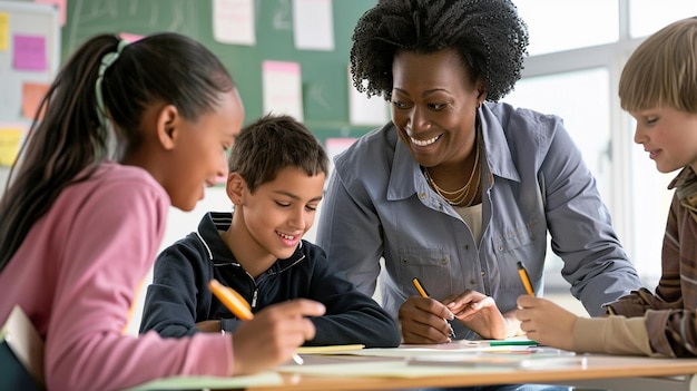 Foto o professor smilin dando uma lição em uma sala de aula cheia de alunos de volta à escola e conceito de aprendizagem